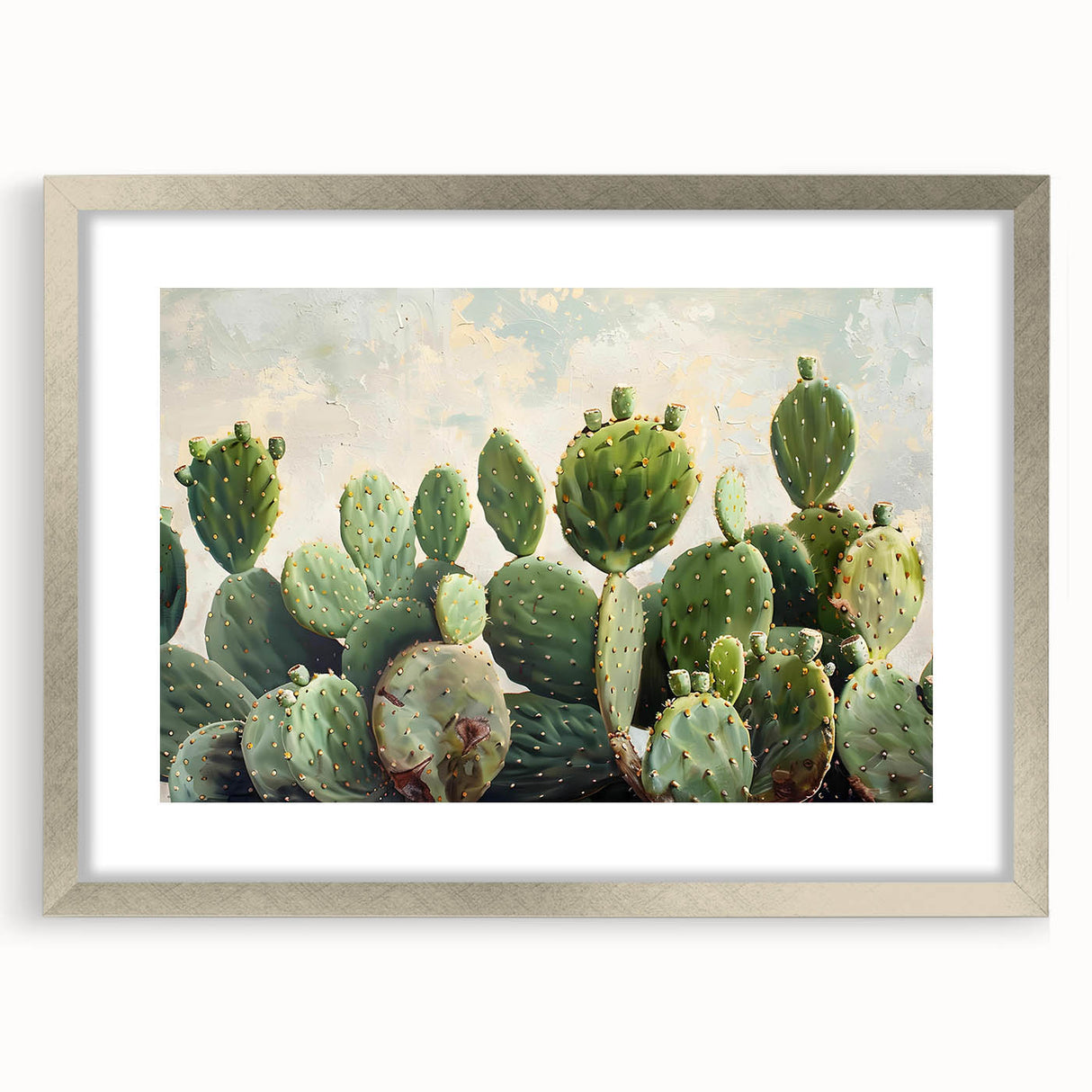 Botanical cactus design wall art framed in silver, featuring vibrant colors and intricate details, perfect for modern home decor. Ideal for nature enthusiasts.