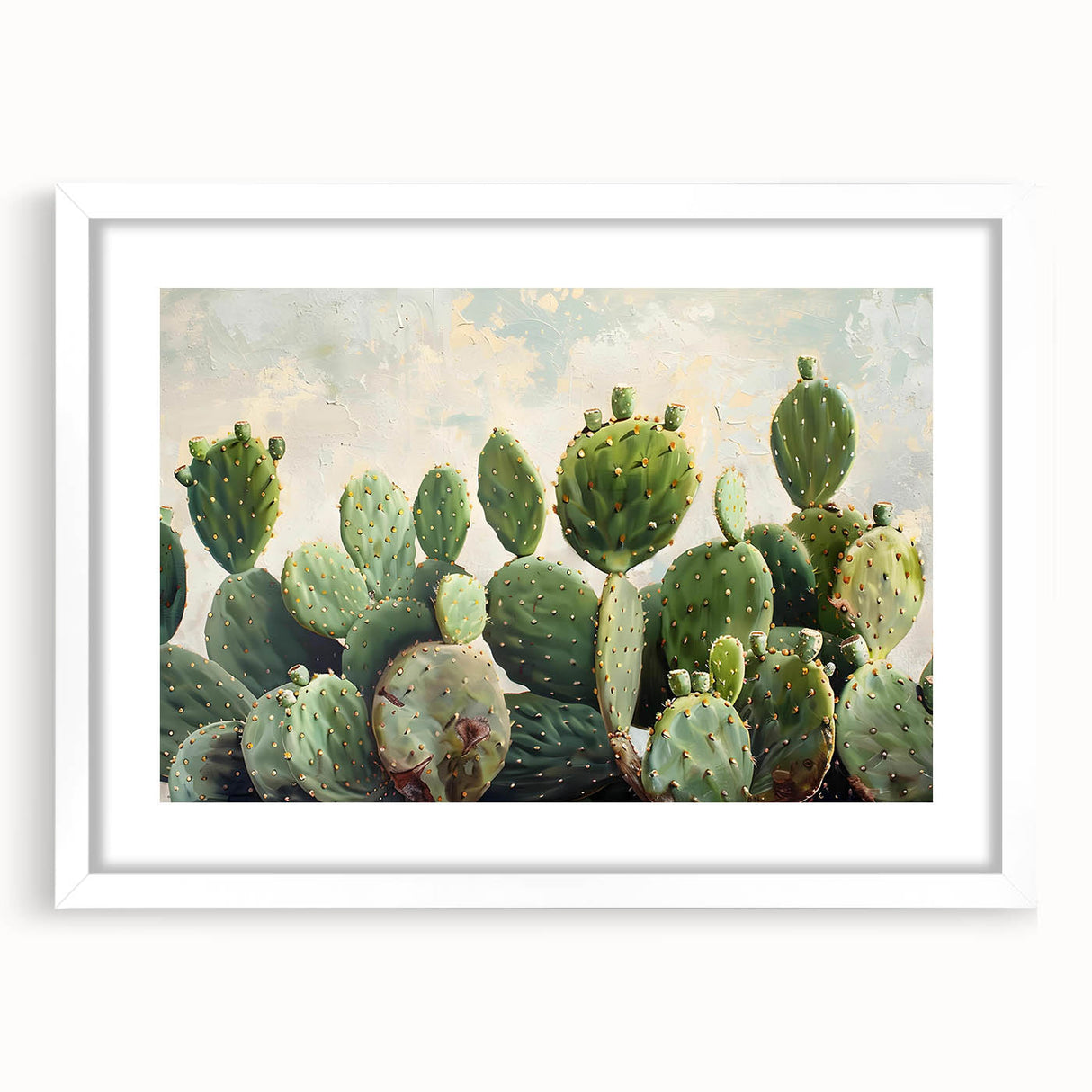 Botanical wall art featuring a vibrant cactus design in a sleek white frame with matting, showcasing intricate details and modern aesthetic for home decor.