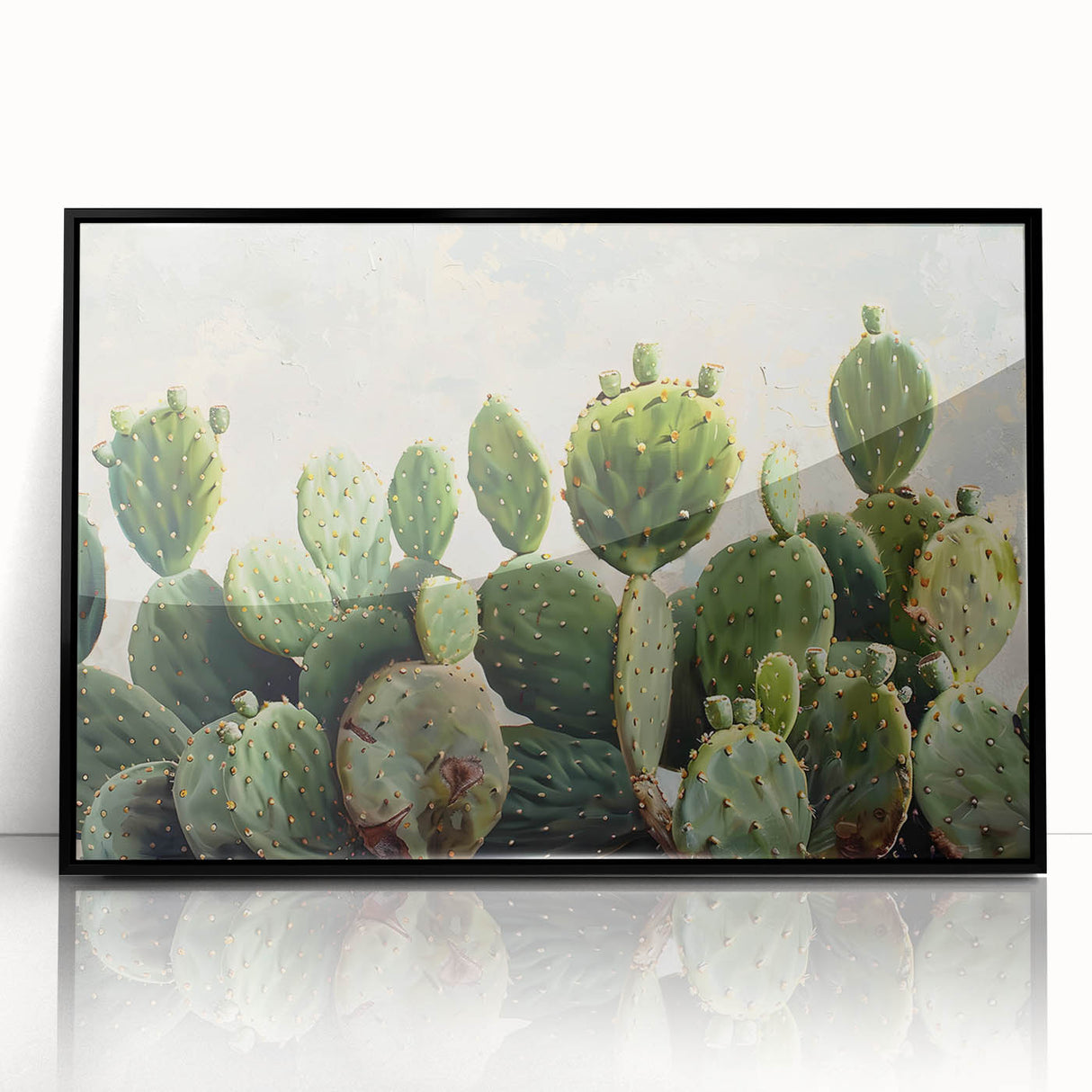 Framed botanical wall art featuring a vibrant cactus design in a sleek black frame, perfect for modern home decor, adding a touch of nature and elegance.