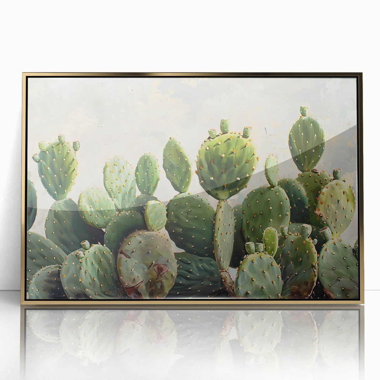 Framed botanical wall art featuring a vibrant cactus design with gold accents, showcasing intricate details against a sleek acrylic background. Ideal for modern decor.
