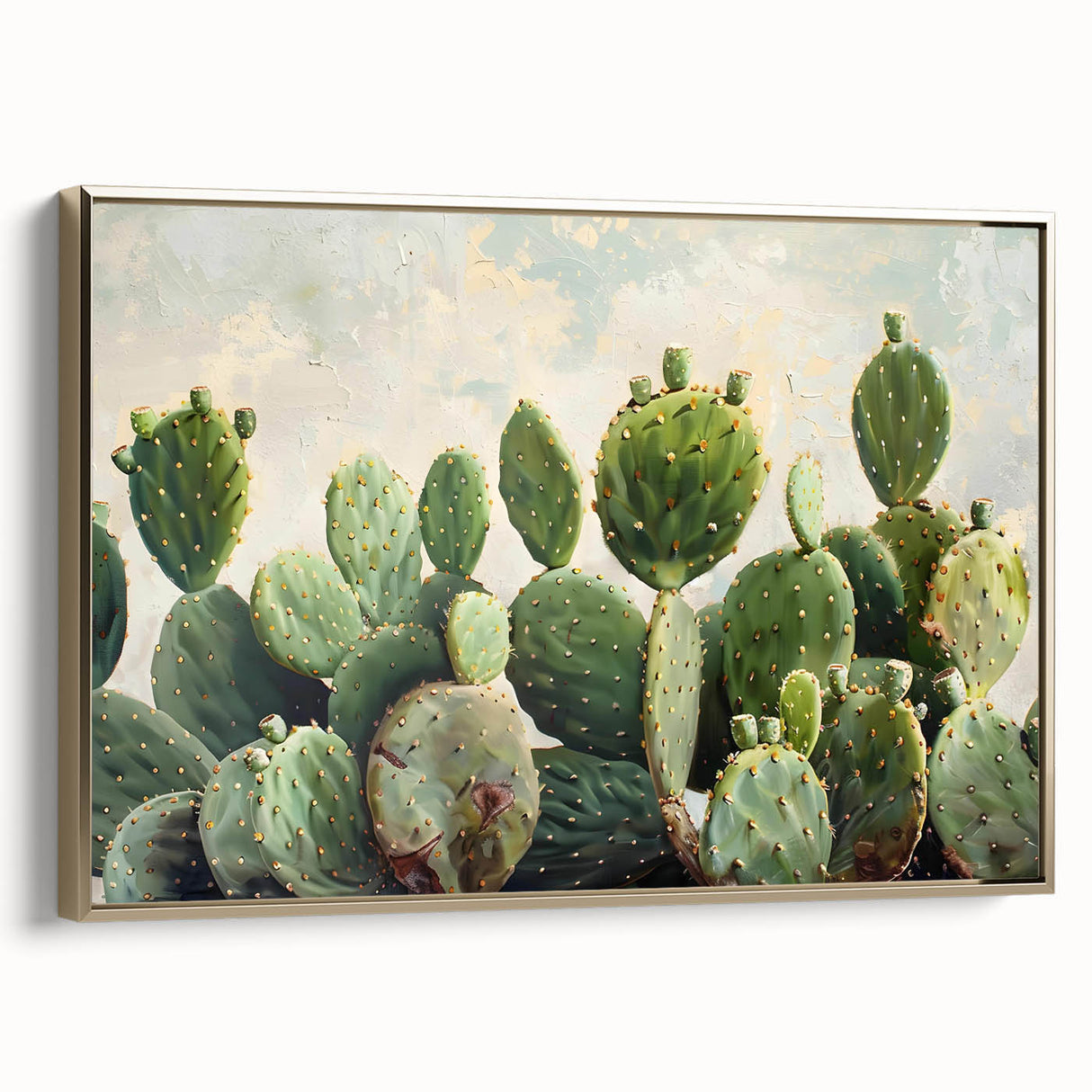 Framed wall art featuring a botanical cactus design in vibrant green tones, accented with gold embellishments, displayed in a stylish, modern setting against a neutral background.