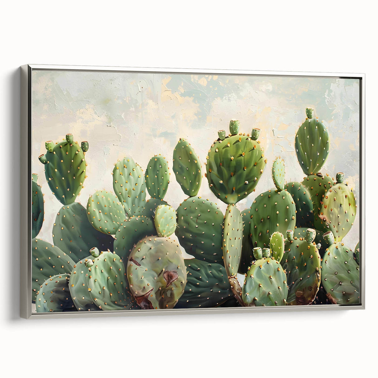 Framed wall art collection showcasing a botanical cactus design with silver accents, highlighting intricate details and vibrant colors, set against a neutral background.