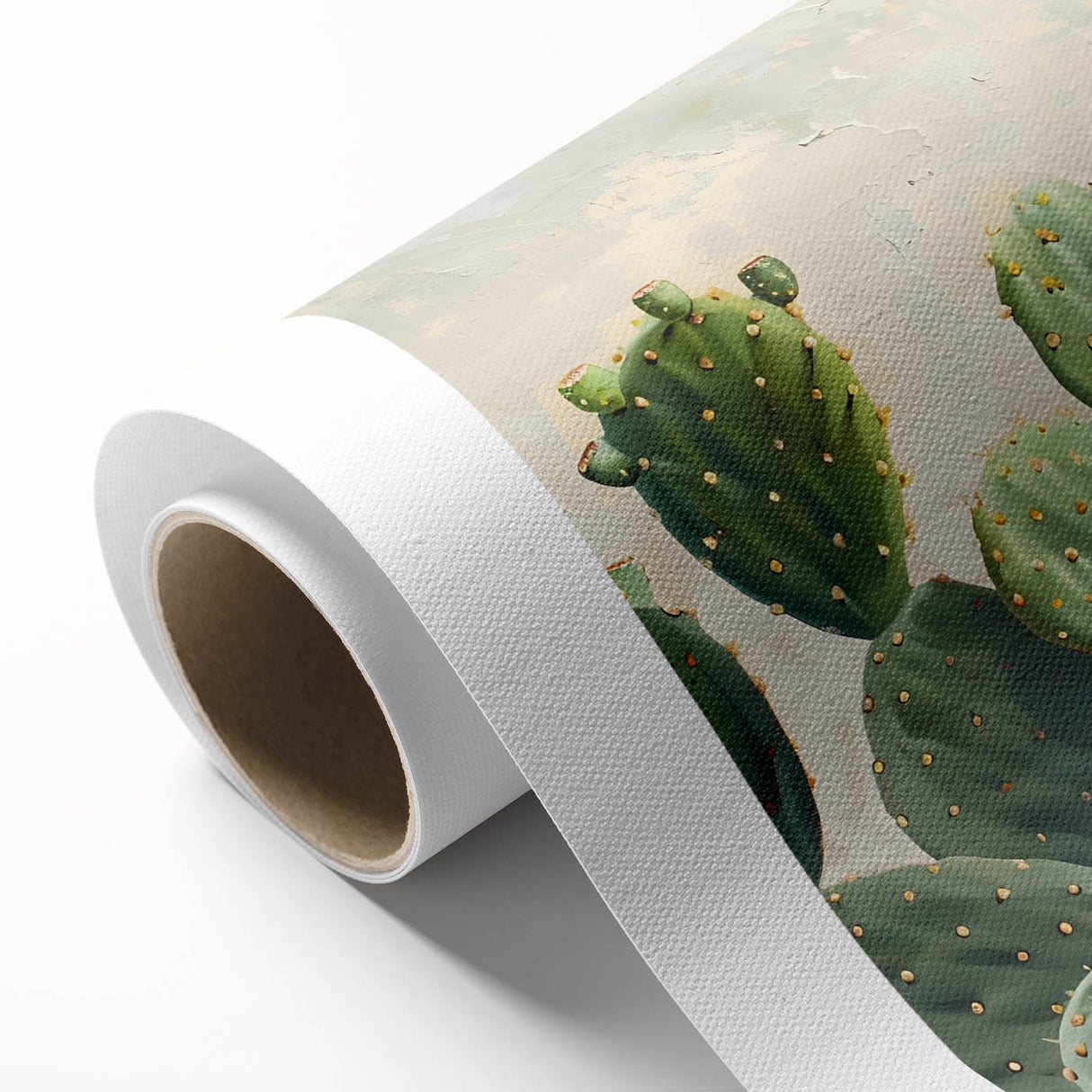 Vibrant rolled canvas wall art featuring a botanical cactus design with intricate details and lush green hues, perfect for modern home decor.