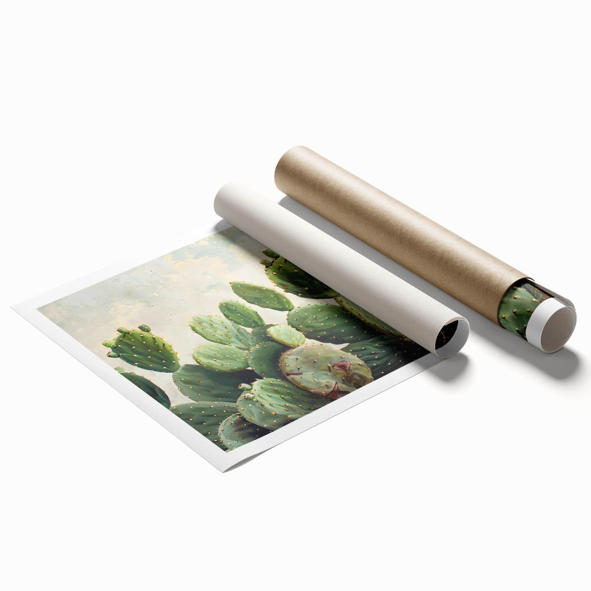 Botanical cactus design wall art print showcasing intricate details of various cacti in vibrant colors, rolled for easy framing and display. Perfect for home decor enthusiasts.