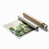 Botanical cactus design wall art print showcasing intricate details of various cacti in vibrant colors, rolled for easy framing and display. Perfect for home decor enthusiasts.