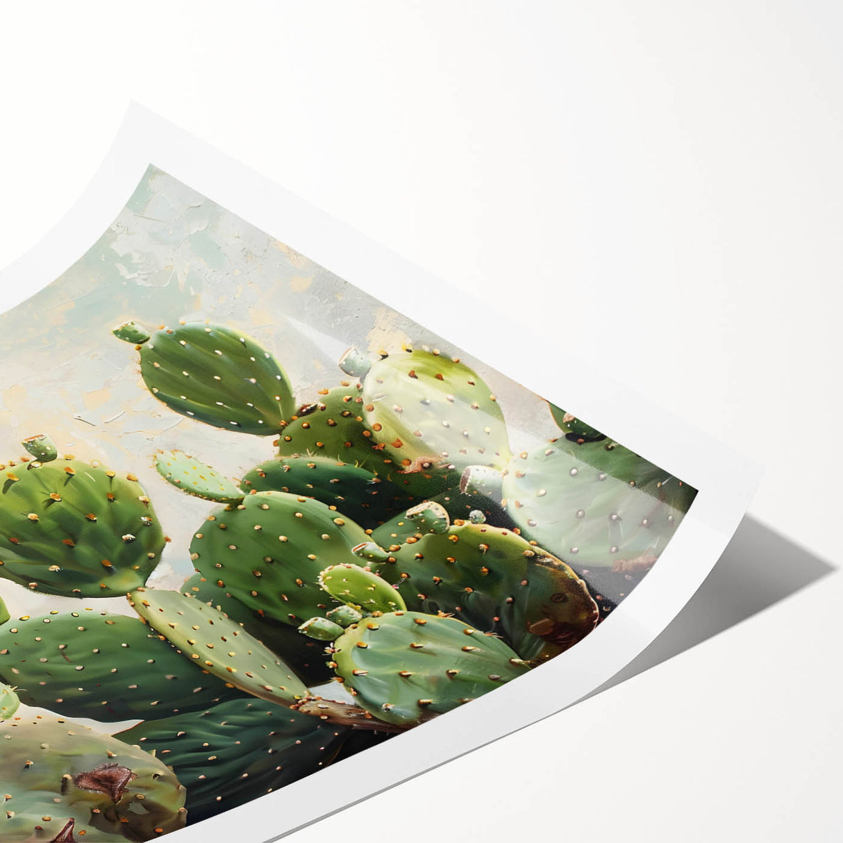 Botanical wall art print featuring a vibrant cactus design, showcasing intricate details in shades of green and pink, rolled for easy display and shipping.