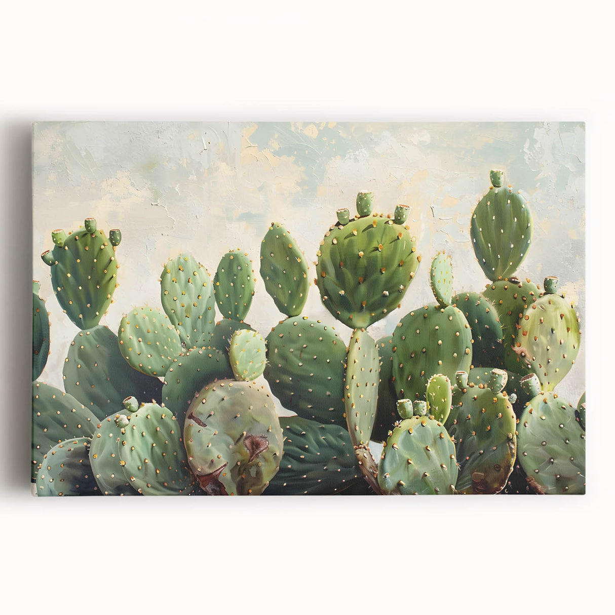 Vibrant botanical cactus wall art design on stretched canvas, showcasing intricate details of cacti in various shades of green and earthy tones, ideal for home decor.