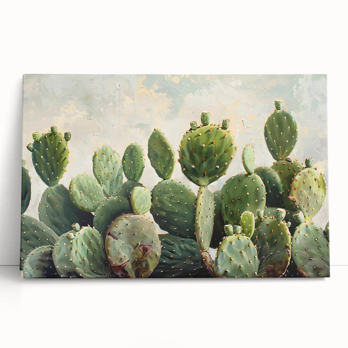 Stretched canvas artwork showcasing a vibrant botanical cactus design with intricate details, perfect for modern home decor. Ideal for nature lovers seeking unique wall art.