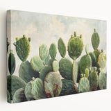Stretched canvas wall art showcasing a vibrant botanical cactus design in a modern side view, perfect for enhancing home decor with a natural touch.