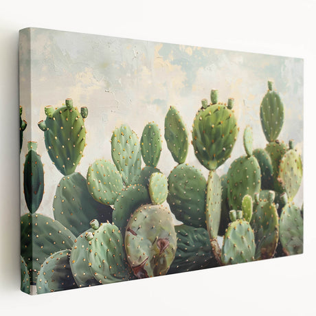Stretched canvas wall art showcasing a vibrant botanical cactus design in a modern side view, perfect for enhancing home decor with a natural touch.
