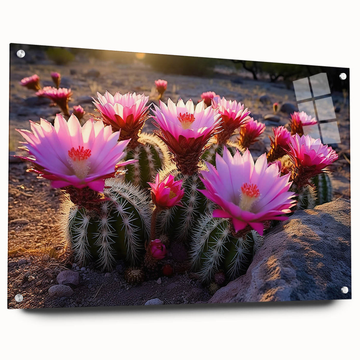 Acrylic wall art featuring a botanical cactus design, displayed in a side view with pins securing it. The vibrant colors and intricate details highlight the natural beauty, perfect for home decor enthusiasts.