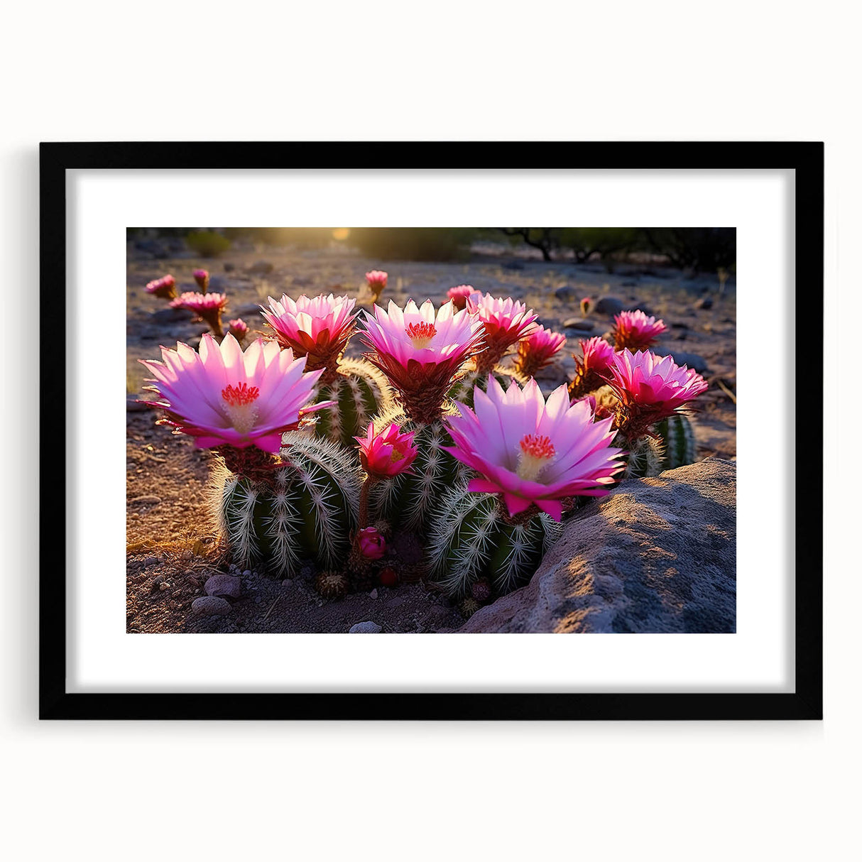 Botanical wall art featuring a detailed cactus design in a sleek black frame with matting, ideal for modern decor. Perfect for nature lovers and art enthusiasts.