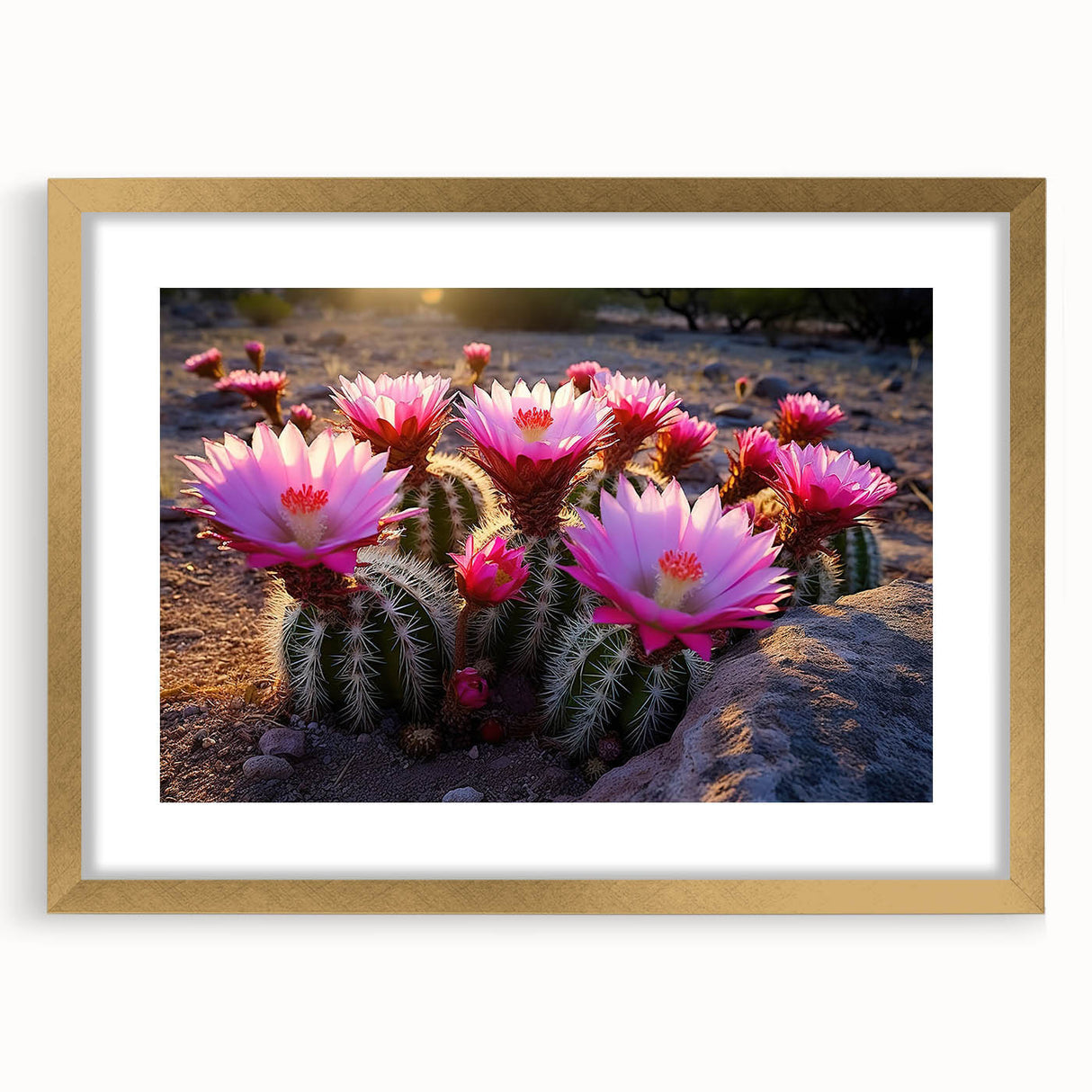 Botanical wall art collection featuring a gold-framed cactus design with a mat, showcasing intricate details and vibrant colors, ideal for modern decor.