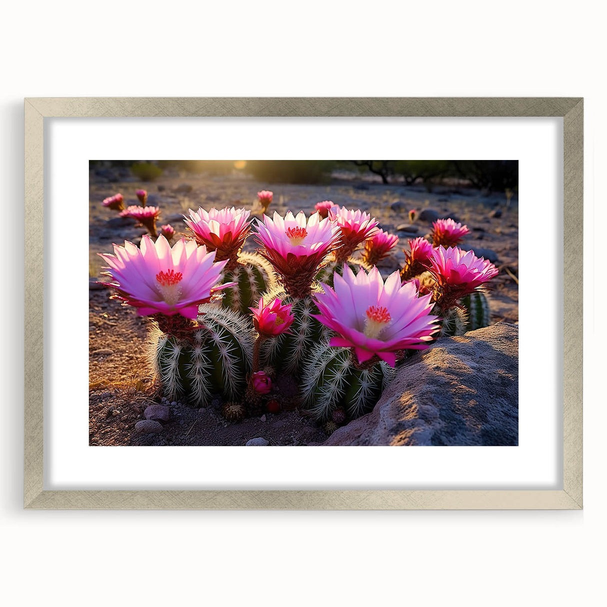 Framed botanical wall art featuring a vibrant cactus design with a silver mat, ideal for home decor, enhancing living spaces with a touch of nature.