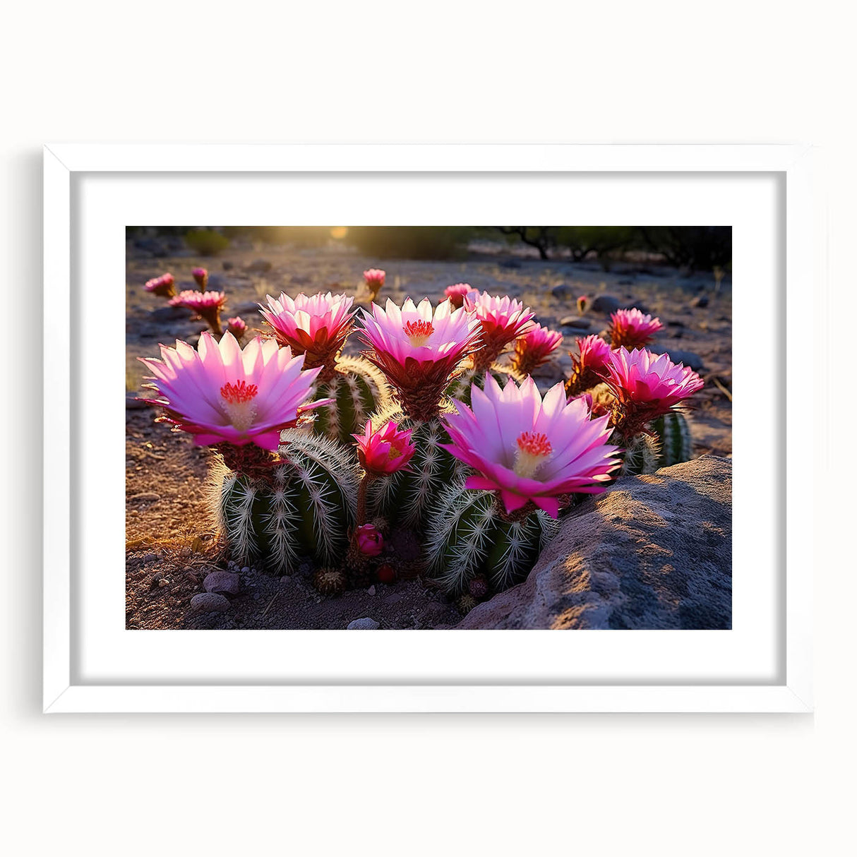 Botanical wall art featuring a delicate cactus design framed in a sleek white mat, showcasing vibrant colors and intricate details perfect for home decor.