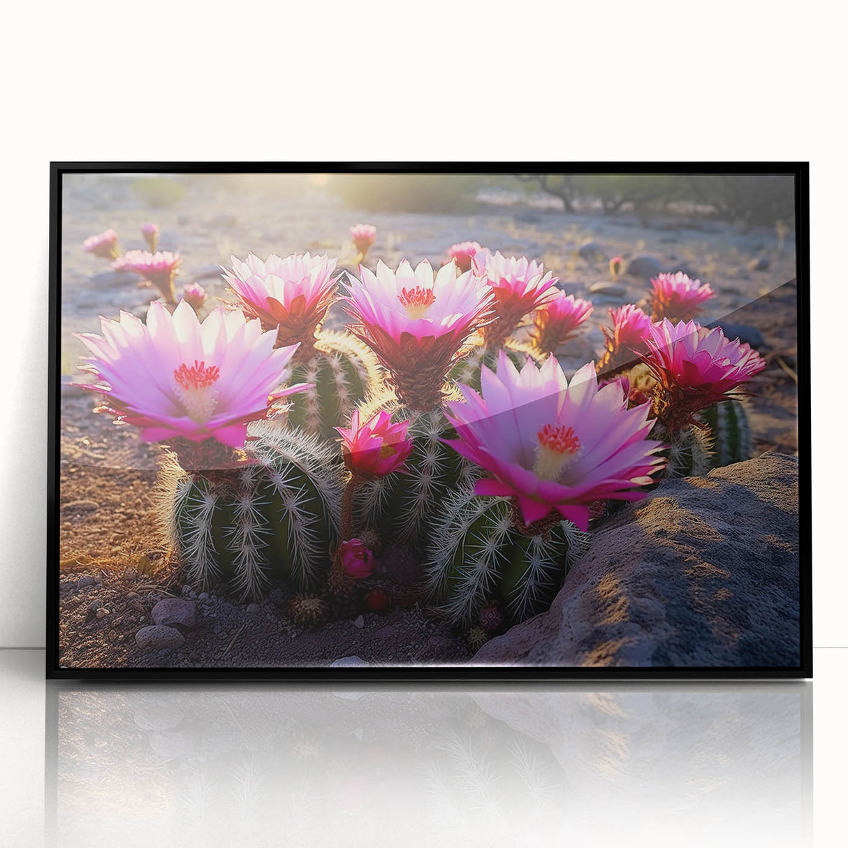 Framed wall art featuring a botanical design of vibrant cacti, presented in a sleek black frame with acrylic glass, perfect for modern home decor.