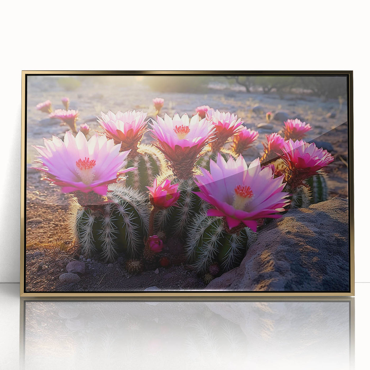 Framed acrylic wall art featuring a vibrant botanical cactus design in gold accents, showcasing intricate details and a modern aesthetic that enhances any decor.