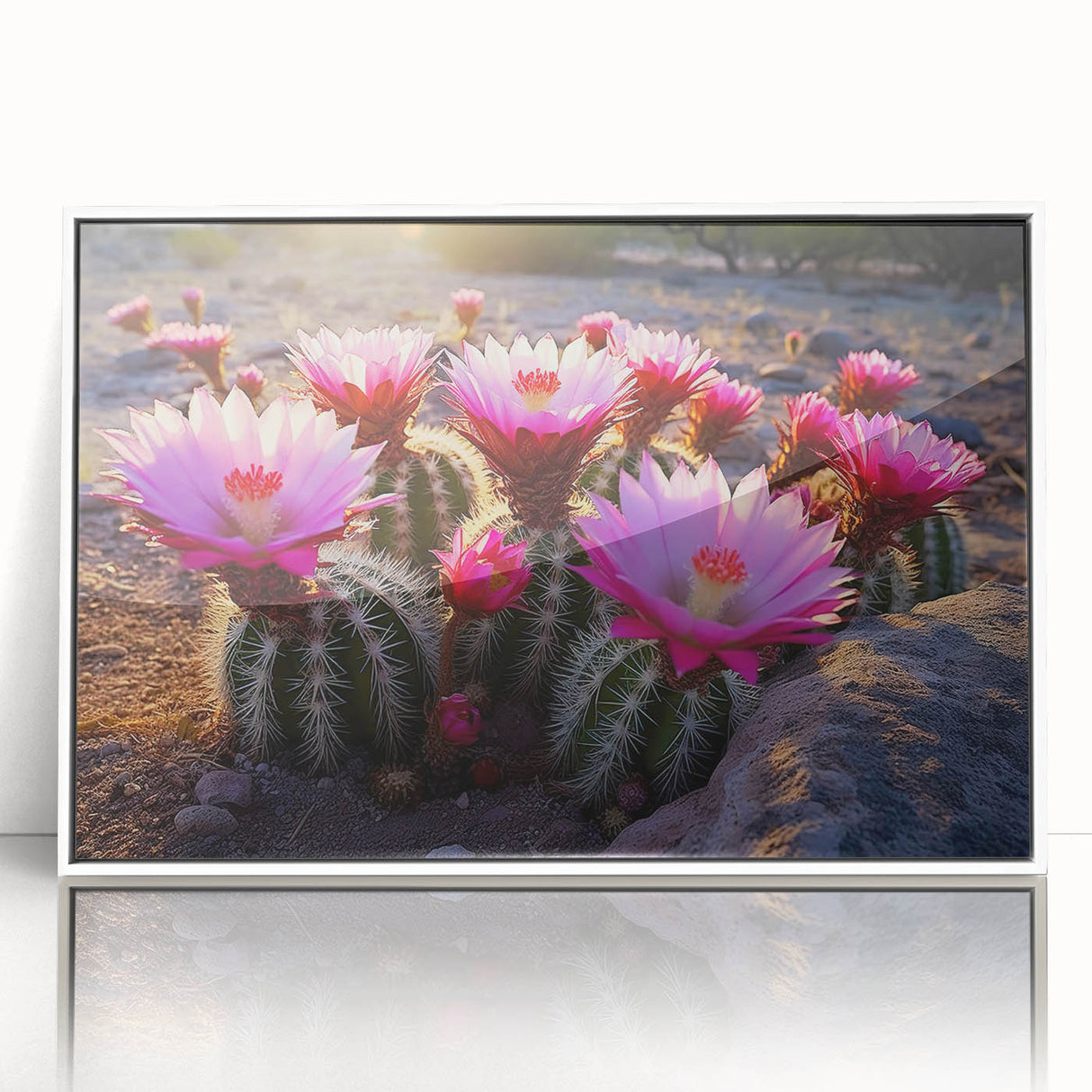 Framed botanical wall art featuring a vibrant cactus design in a white frame, showcasing intricate details and colors, perfect for modern home decor.