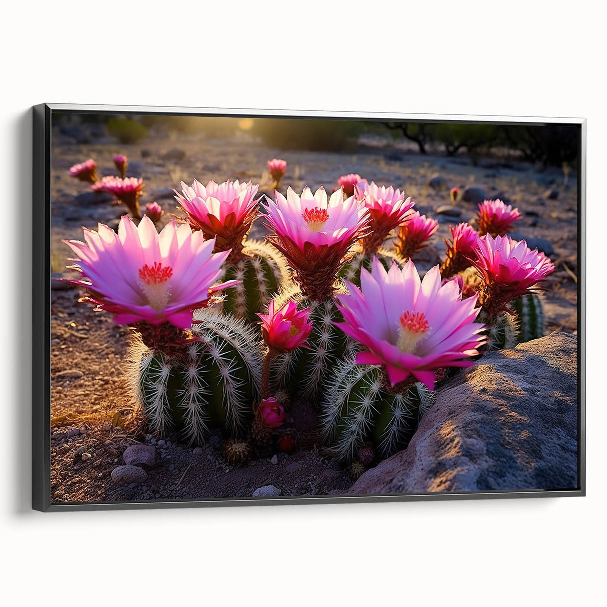 Framed wall art featuring a botanical cactus design in vibrant colors, showcasing intricate details and textures, ideal for home decor or office spaces.