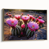 Framed botanical wall art featuring a vibrant cactus design with gold accents, showcasing a side view of the artwork. Perfect for modern home decor enthusiasts.