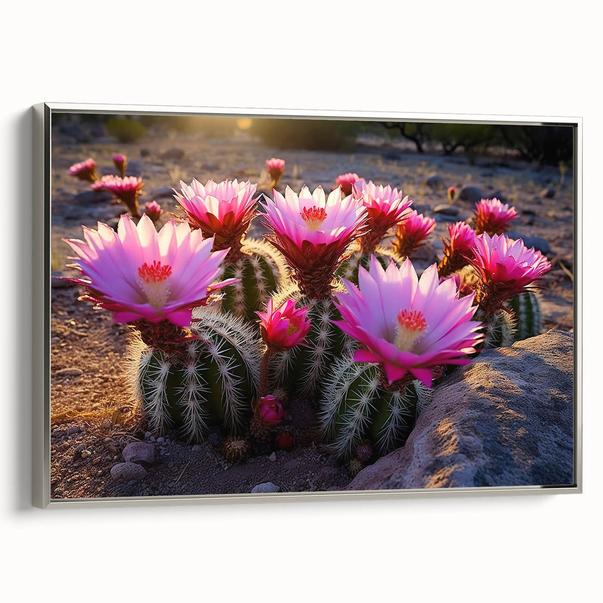 Framed wall art featuring a botanical cactus design in silver, showcasing intricate details of the plant and vibrant colors, perfect for home decor.