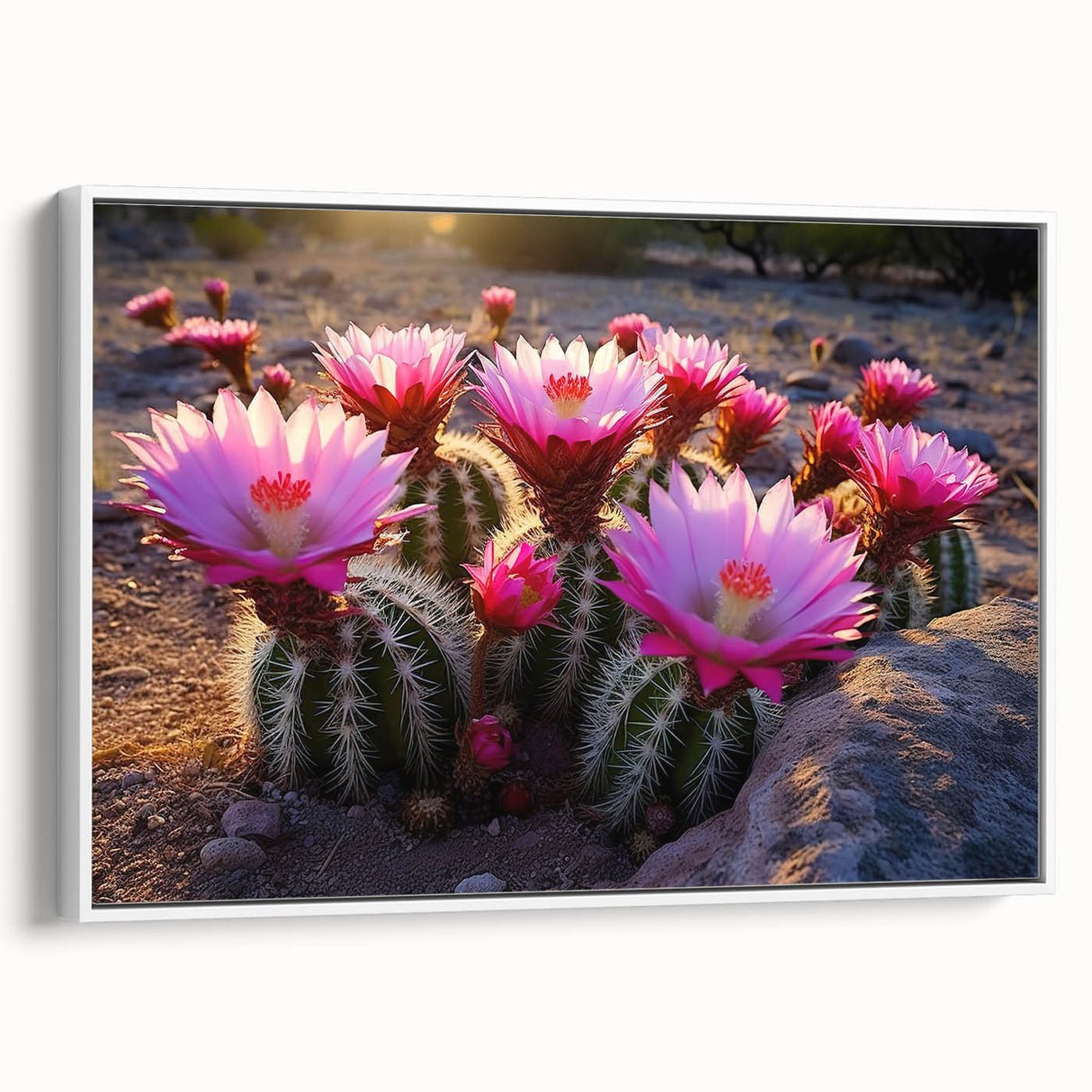 Framed wall art showcasing a botanical cactus design in vibrant colors, set against a white background, ideal for modern decor and nature enthusiasts.