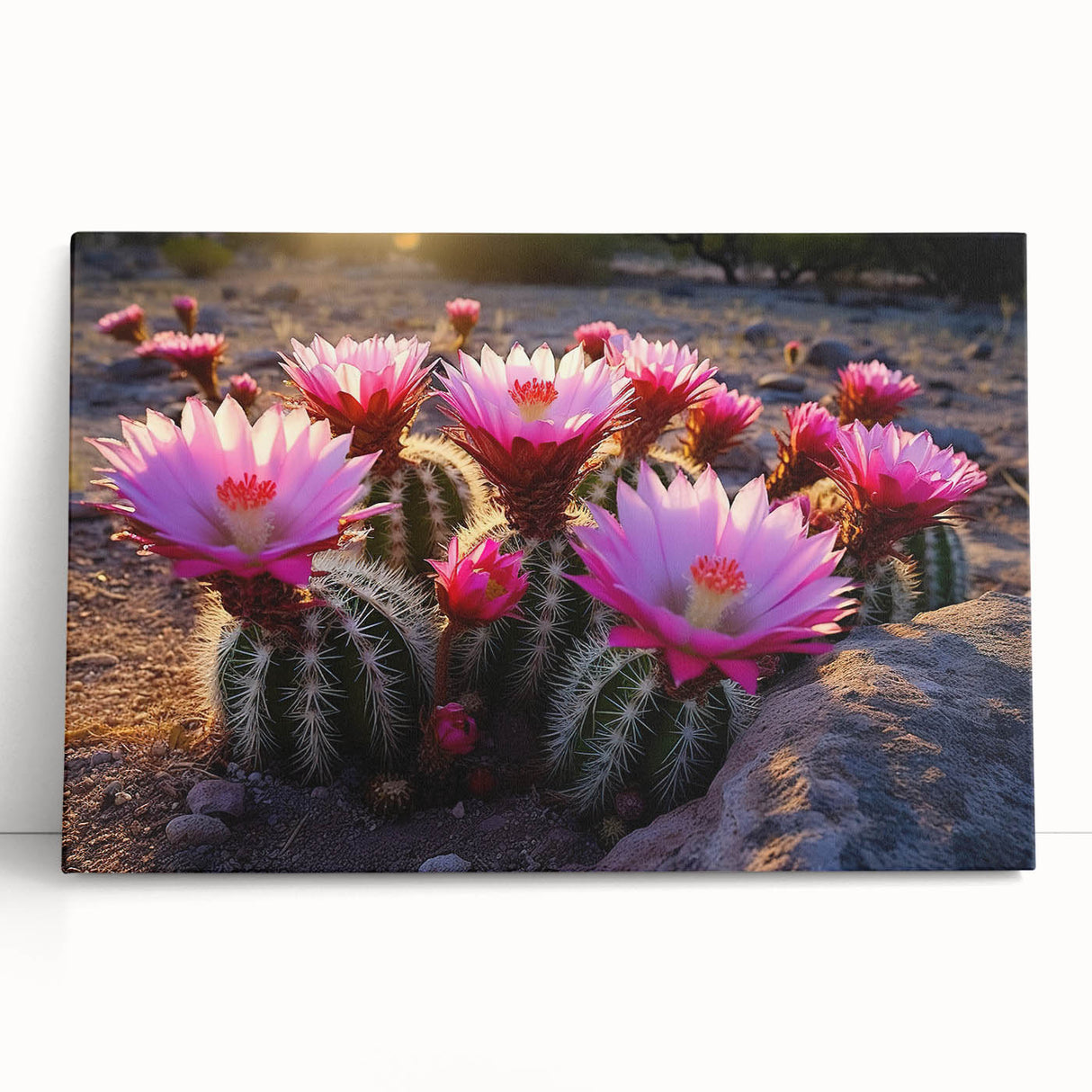 Botanical wall art featuring a vibrant cactus design on stretched canvas, elegantly leaning against a neutral wall, enhancing modern decor aesthetics.