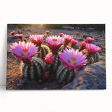 Botanical wall art featuring a vibrant cactus design on stretched canvas, elegantly leaning against a neutral wall, enhancing modern decor aesthetics.