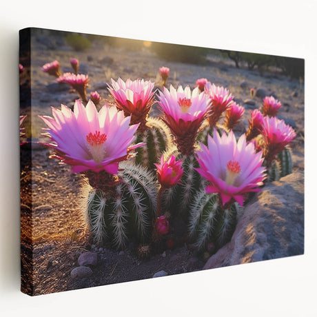 Stretched canvas wall art showcasing a vibrant botanical cactus design in earthy tones, perfect for adding a touch of nature-inspired decor to any space.