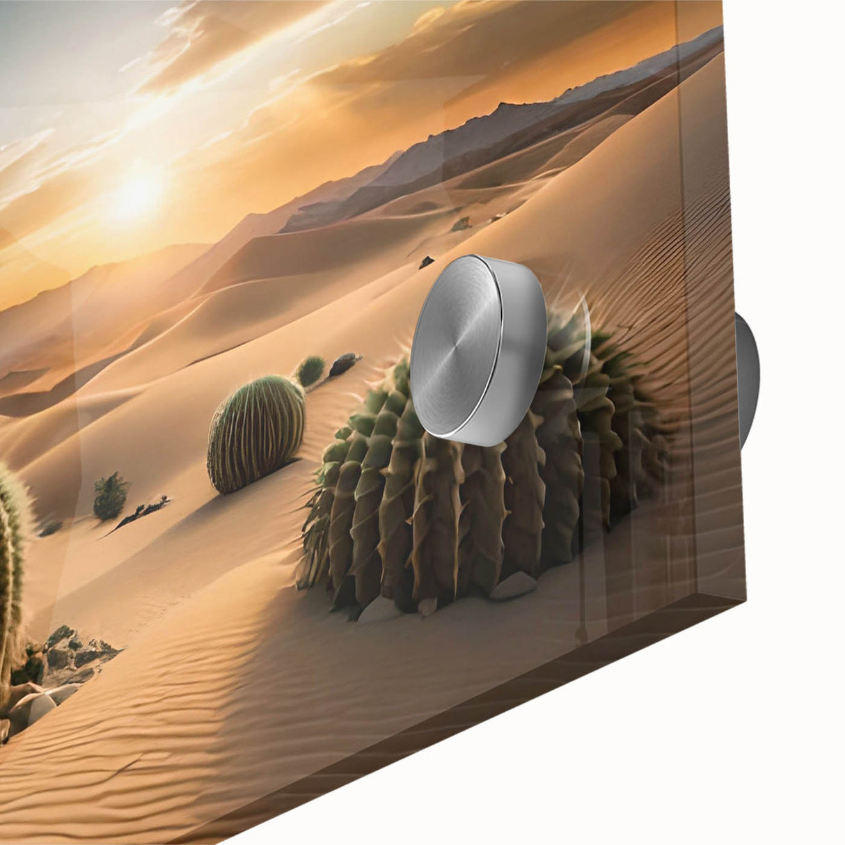 Close-up of a vibrant botanical wall art piece featuring a detailed cactus design set against a soft backdrop, printed on acrylic glass for a modern aesthetic. This artwork adds a touch of nature to contemporary decor, ideal for home or office spaces.