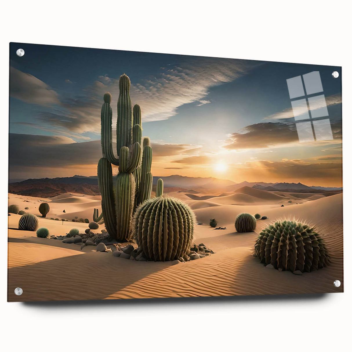 Acrylic glass wall art showcasing a vibrant cactus design from the Flowers Botanical Collection, displayed from the side with pin mounting for a modern aesthetic.