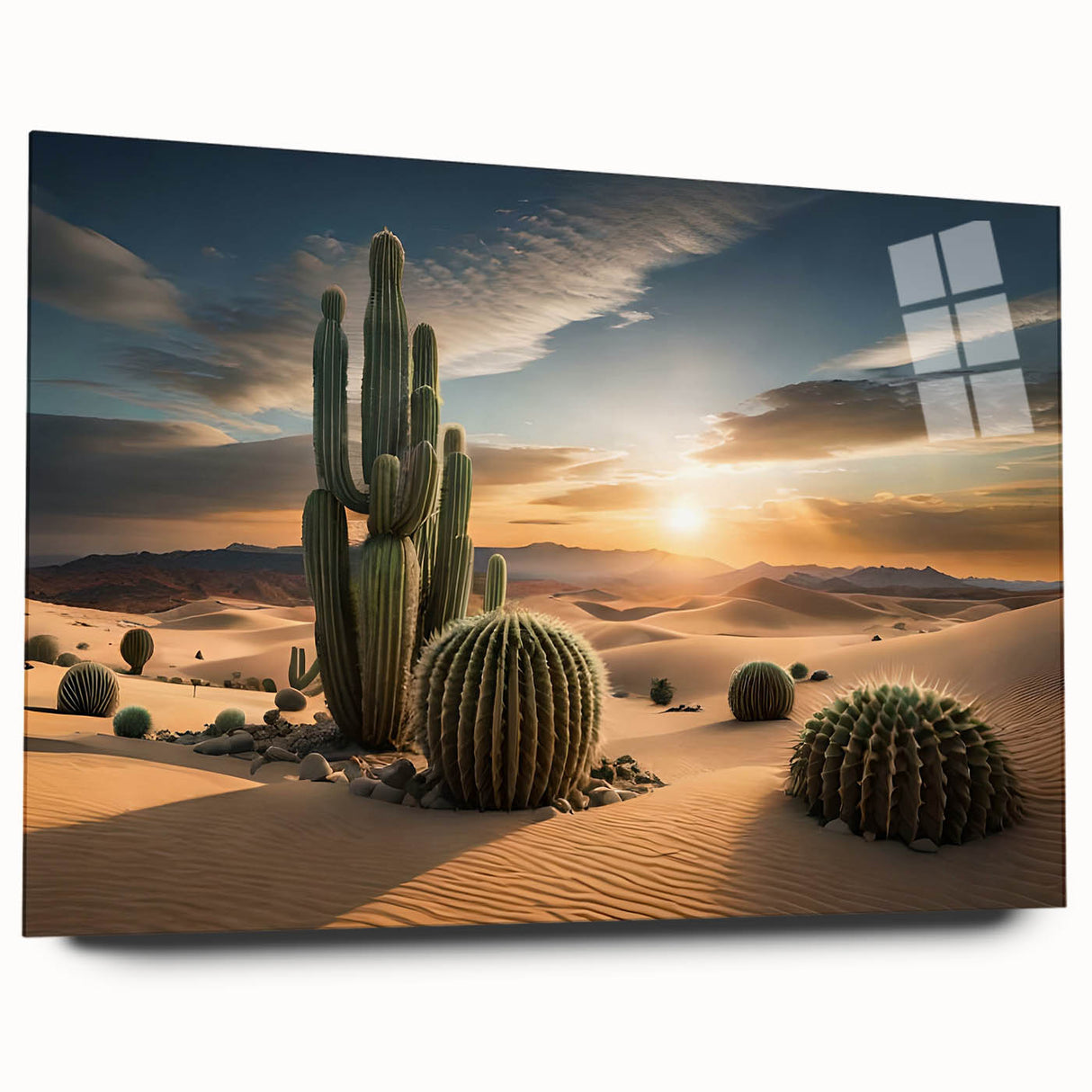 Cactus-themed botanical wall art collection displayed in acrylic glass, showcasing intricate details and vibrant colors, perfect for modern home decor and nature lovers.