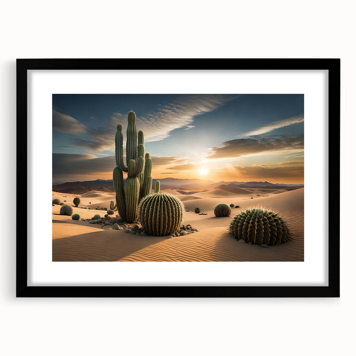 Botanical wall art featuring a black-framed cactus design, showcasing vibrant colors and intricate details, perfect for modern home decor and nature enthusiasts.