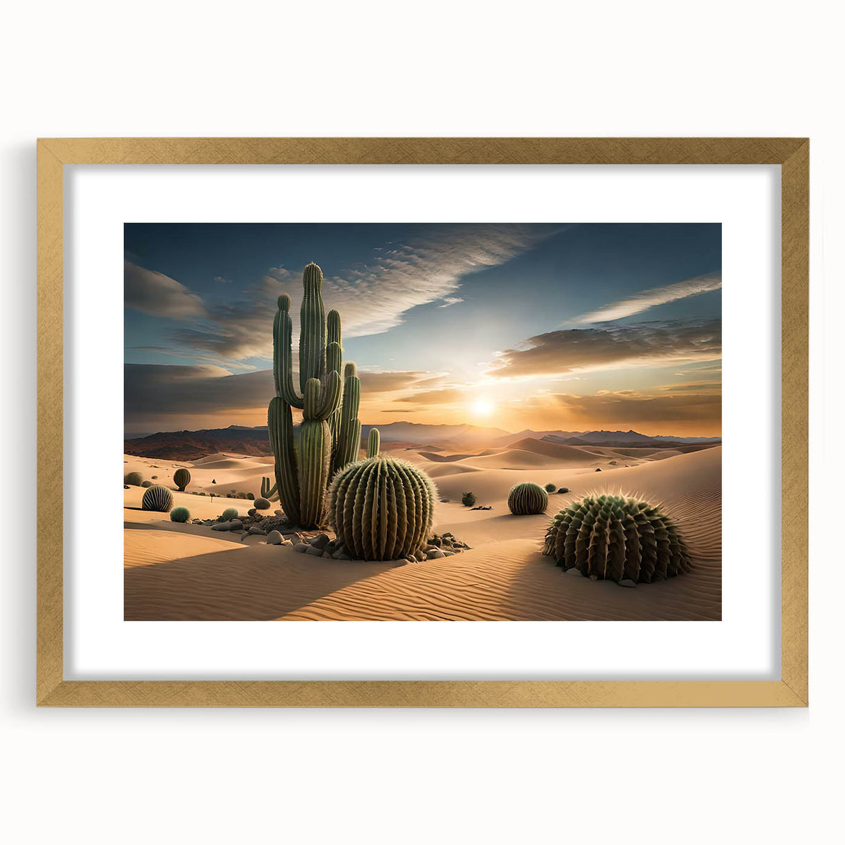 Botanical wall art collection featuring a stylish cactus design in a gold frame with matting, perfect for modern home decor. Ideal for plant lovers and interior design enthusiasts.