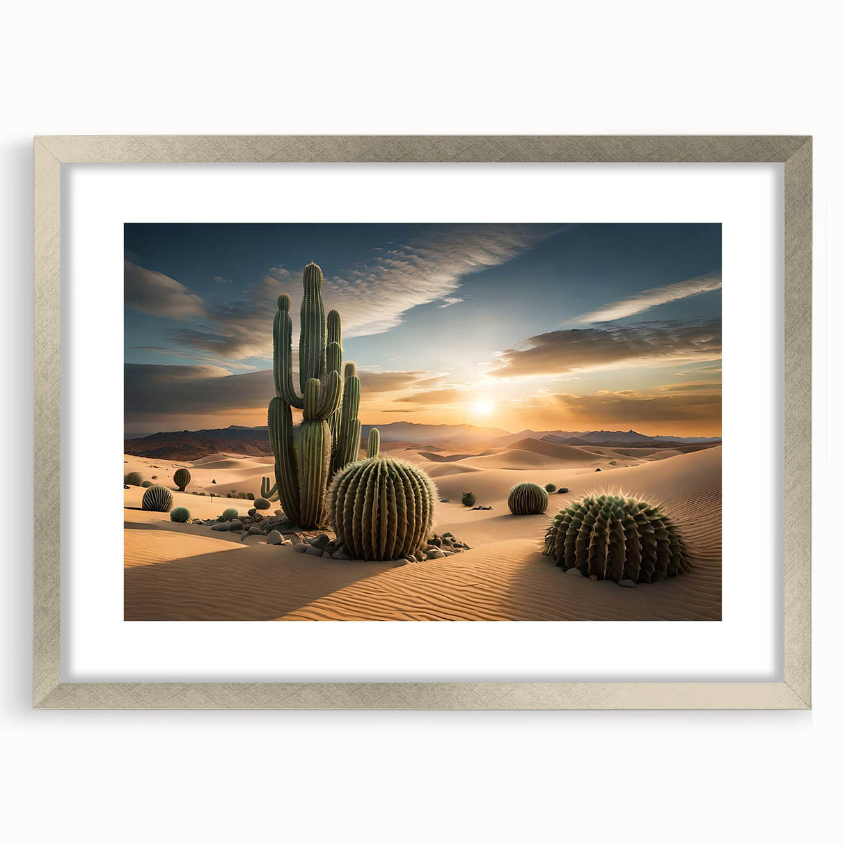 Framed botanical wall art featuring a vibrant cactus design with a silver mat and sleek frame, ideal for modern home decor and nature enthusiasts.