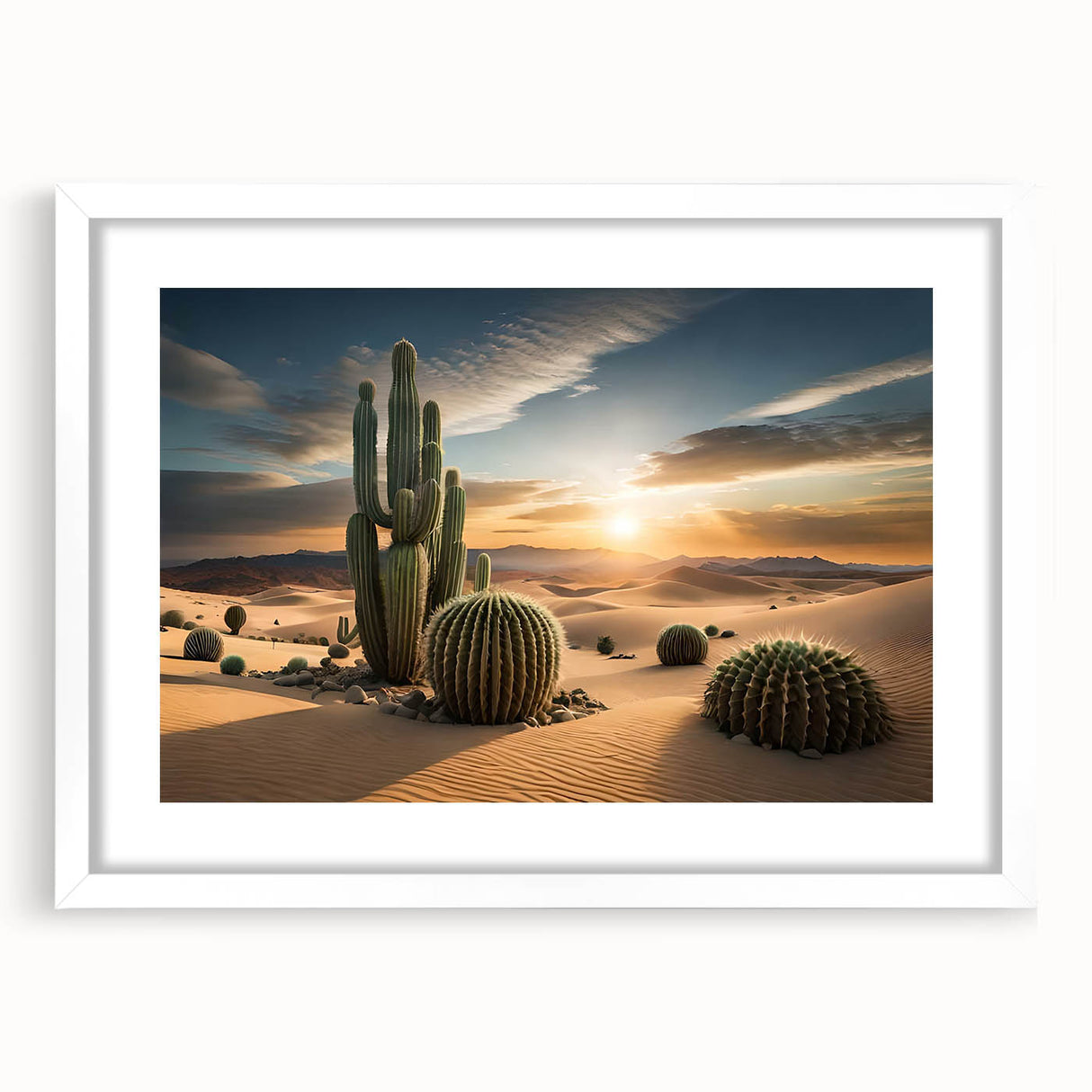 Botanical wall art showcasing a vibrant cactus design framed in white with an elegant mat, perfect for enhancing modern home decor or a natural theme.