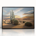 Framed wall art featuring a botanical cactus design, showcasing vibrant green hues and intricate details, set in a sleek black frame for modern decor.