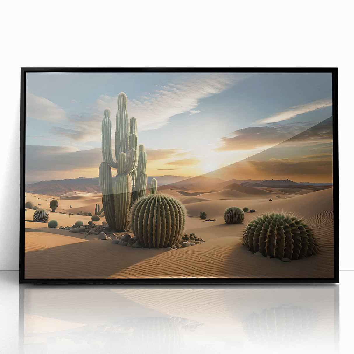 Framed wall art featuring a botanical cactus design, showcasing vibrant green hues and intricate details, set in a sleek black frame for modern decor.