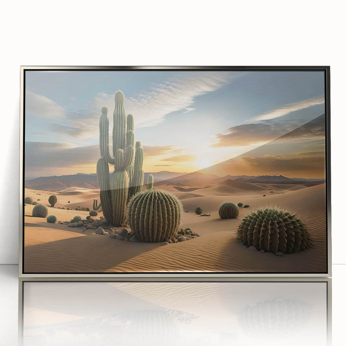 Framed wall art featuring a botanical cactus design in vibrant colors, showcasing intricate details and a silver acrylic frame, perfect for modern decor.