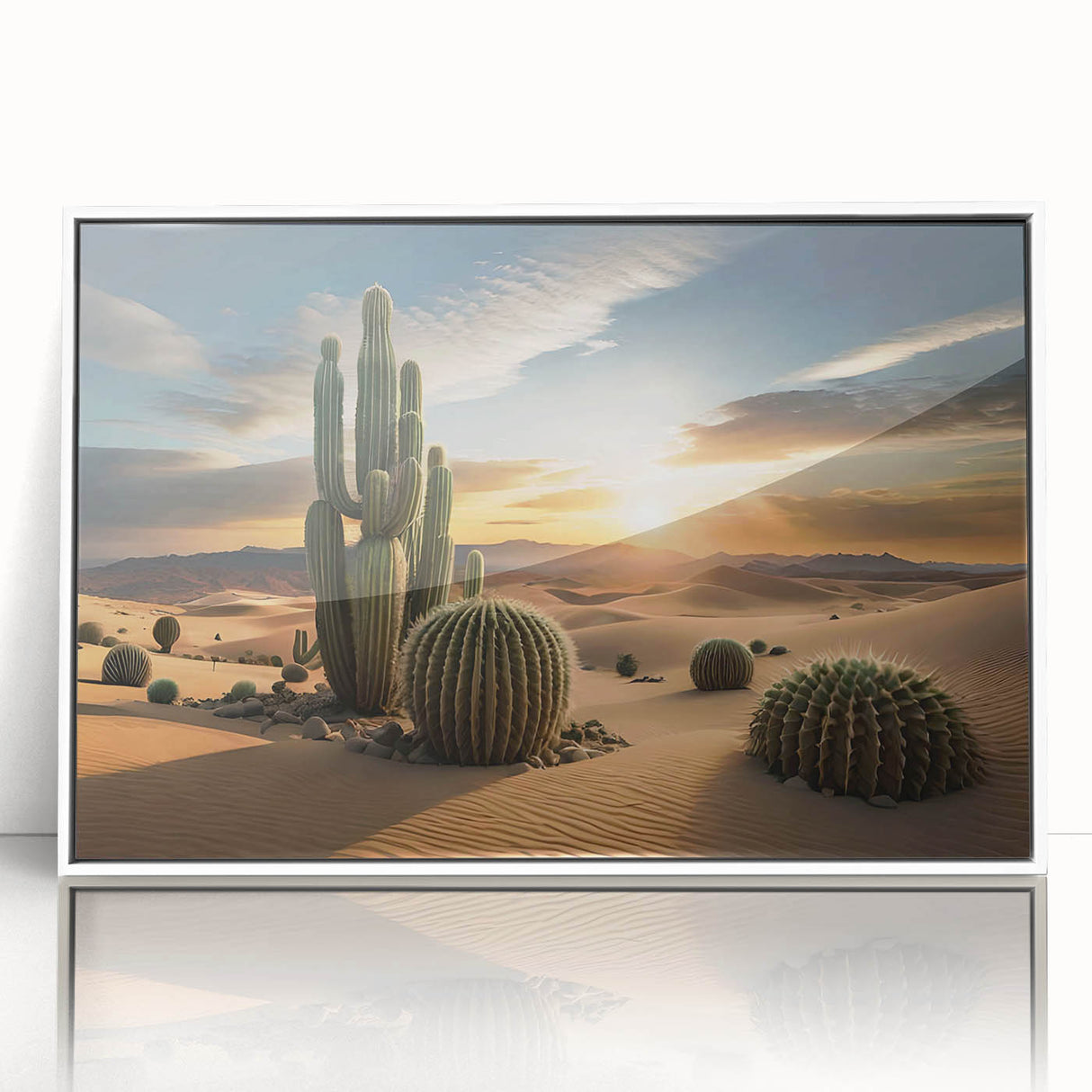 Framed wall art featuring a botanical cactus design with vibrant colors, set against a white background, perfect for home decor and nature enthusiasts.