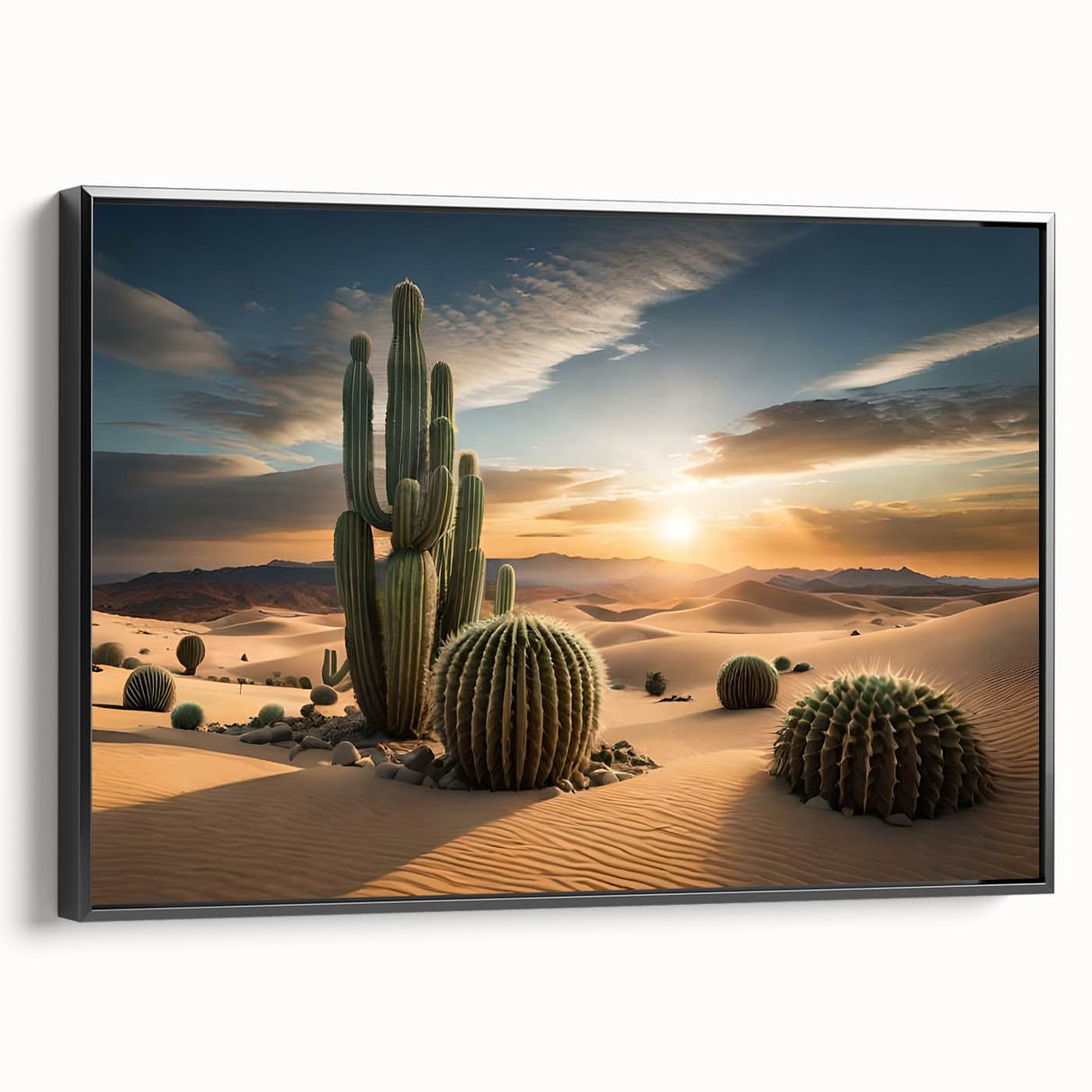Framed wall art featuring a botanical cactus design in vibrant colors, displayed against a black background, perfect for modern home decor.