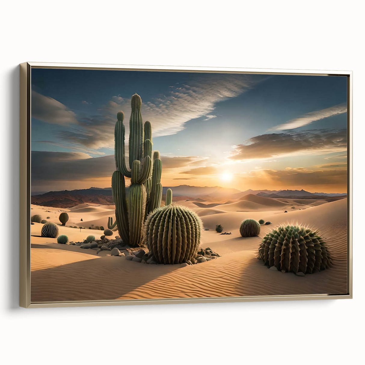 Framed wall art featuring a botanical cactus design in vibrant colors, set against a gold frame. Ideal for modern home decor, adding a touch of nature-inspired elegance.