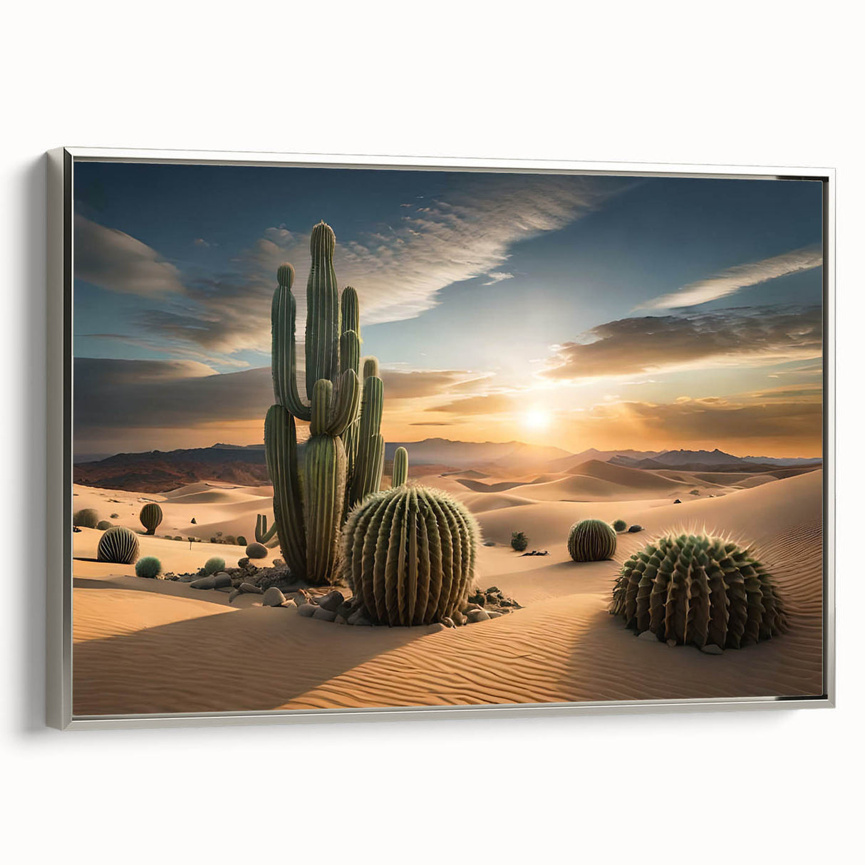 Framed botanical wall art featuring a vibrant cactus design with intricate details, showcased in a sleek silver frame, ideal for modern decor.