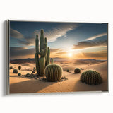 Framed botanical wall art featuring a vibrant cactus design with intricate details, showcased in a sleek silver frame, ideal for modern decor.