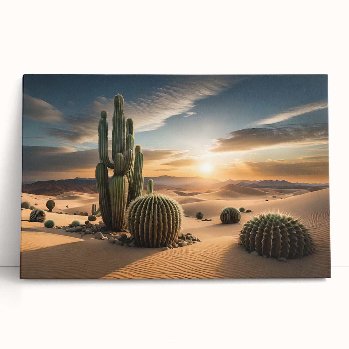 Stretched canvas wall art showcasing a vibrant botanical cactus design with rich green and earthy tones, leaning against a neutral background, perfect for modern decor.