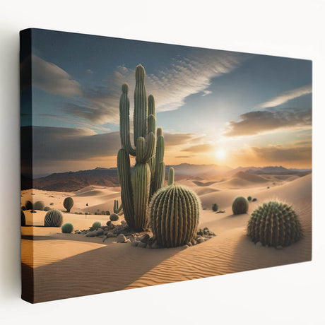 Stretched canvas wall art showcasing a vibrant botanical cactus design in shades of green and pink, ideal for modern home decor and plant enthusiasts.