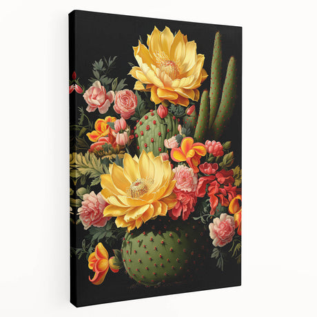 Stretched canvas wall art featuring a botanical cactus design with vibrant green and earthy tones, showcasing intricate details and textures, perfect for modern decor.