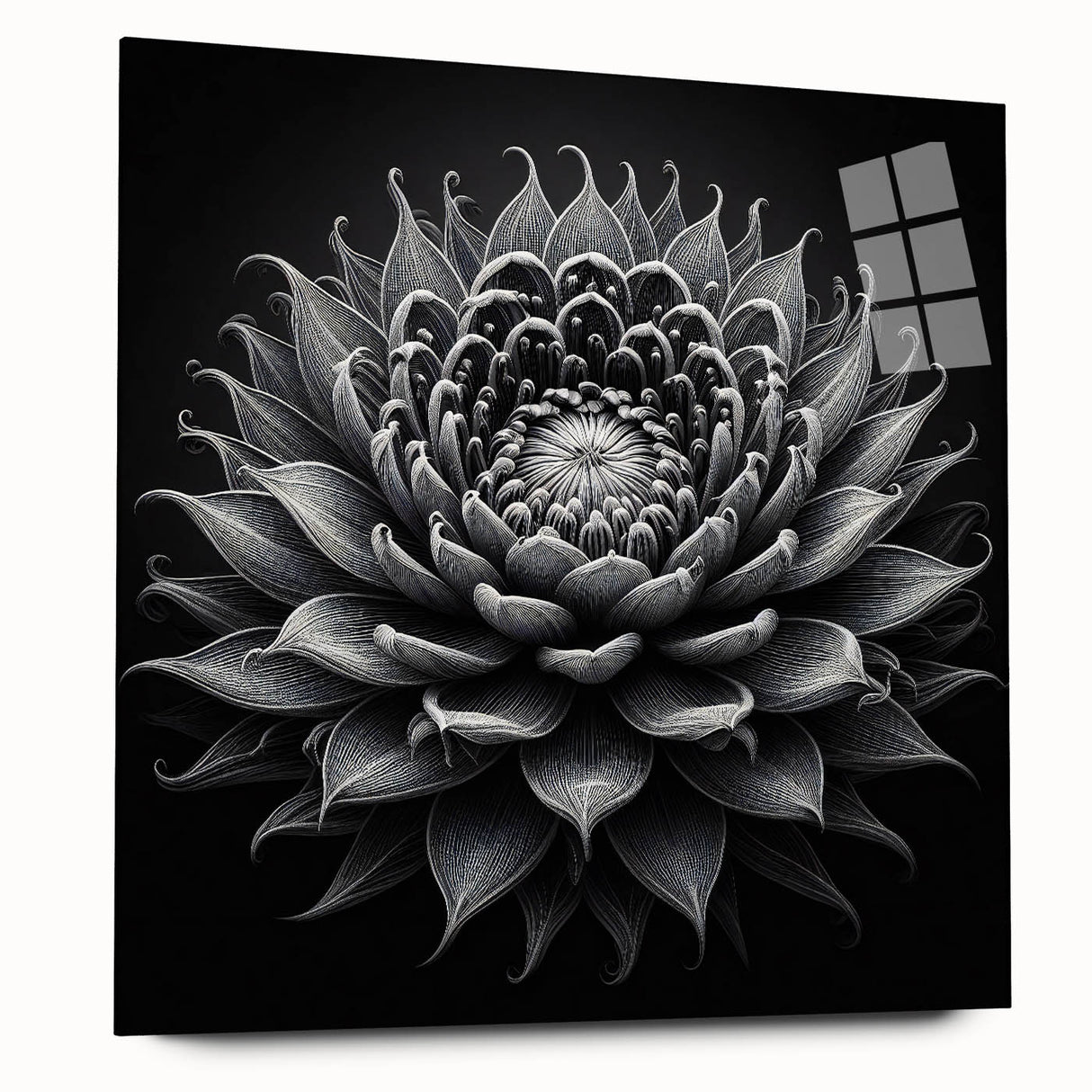 Acrylic glass wall art featuring a botanical cactus design, showcasing intricate details and vibrant colors, perfect for modern home decor. Side view highlights its sleek edges and premium finish.