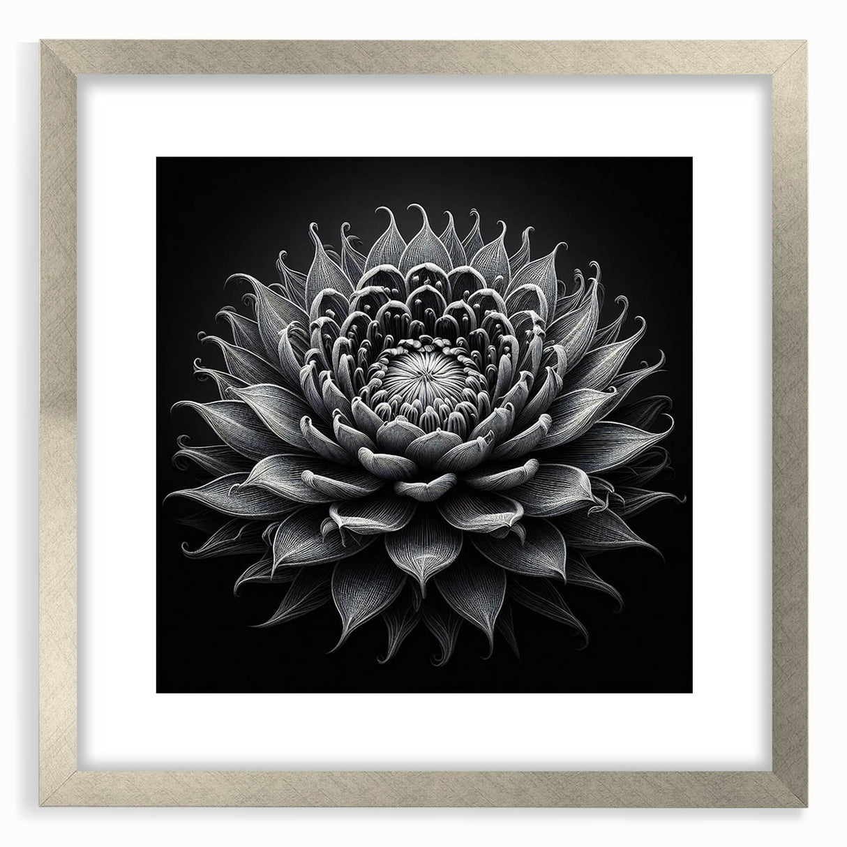 Botanical cactus wall art in a sleek silver frame with a mat, showcasing vibrant floral designs, perfect for modern home decor and nature lovers.