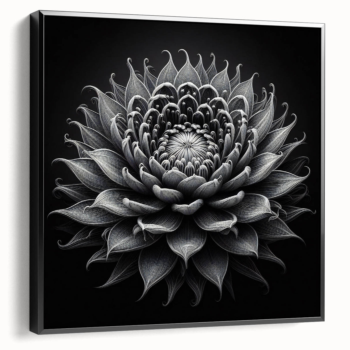 Framed canvas wall art showcasing a botanical cactus design, featuring vibrant green hues and intricate details, presented in a sleek black frame, ideal for modern decor.